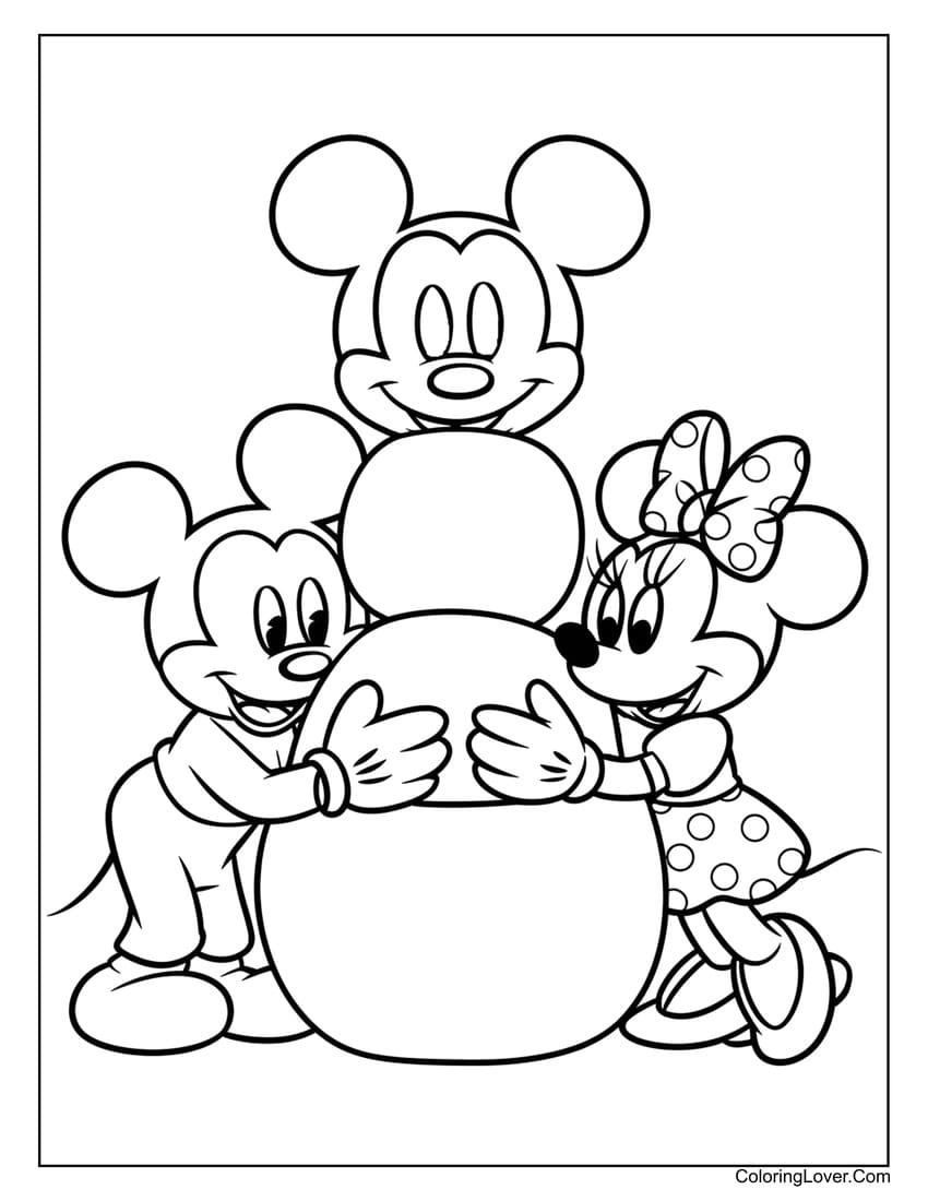 Mickey and Minnie Mouse building a snowman coloring page