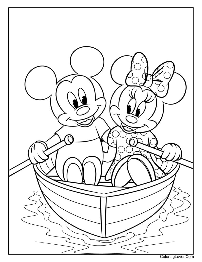 Mickey and Minnie Mouse rowing a boat coloring page