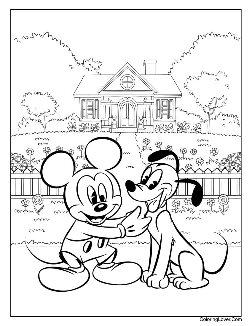 Mickey Mouse and Pluto playing in front of a house coloring page