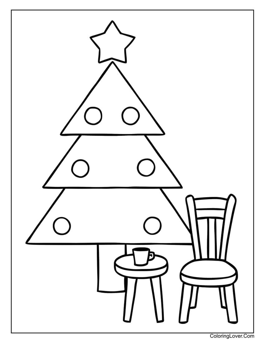 Minimalistic Christmas tree coloring page with chair and table