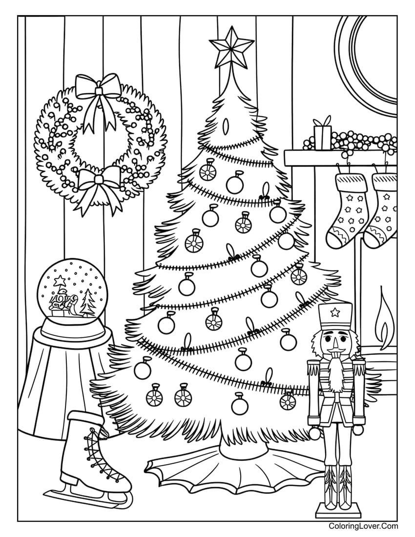 Nutcracker and Christmas tree living room coloring page