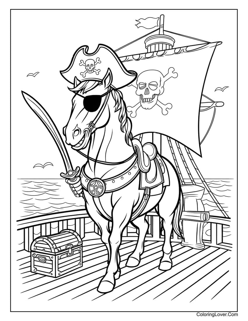 Pirate horse with eyepatch and sword coloring page