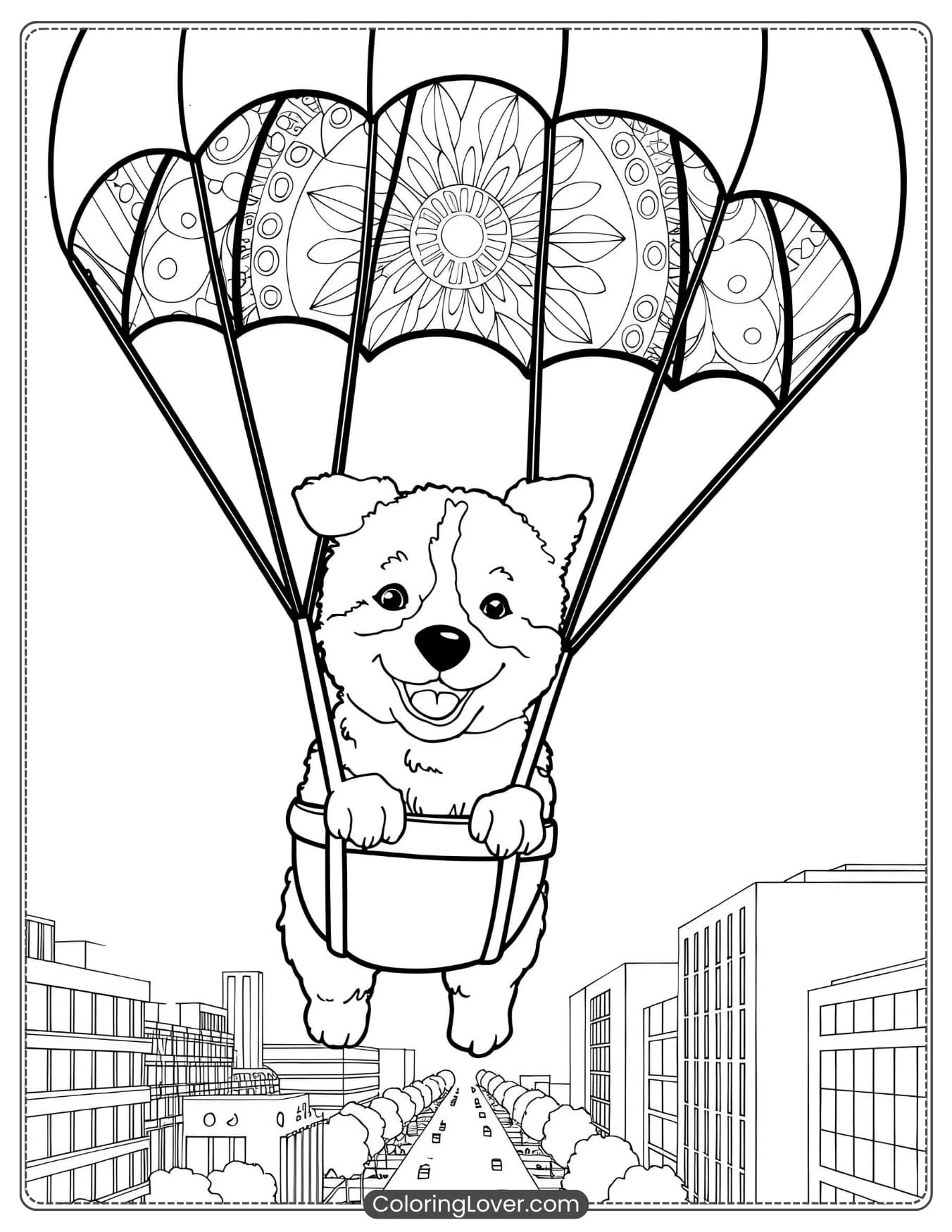 Puppy flying over the city with a parachute