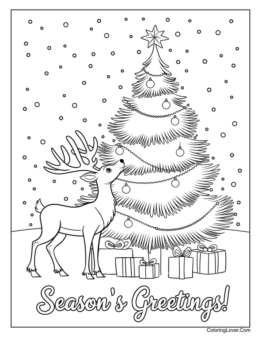 Reindeer next to Christmas tree coloring page