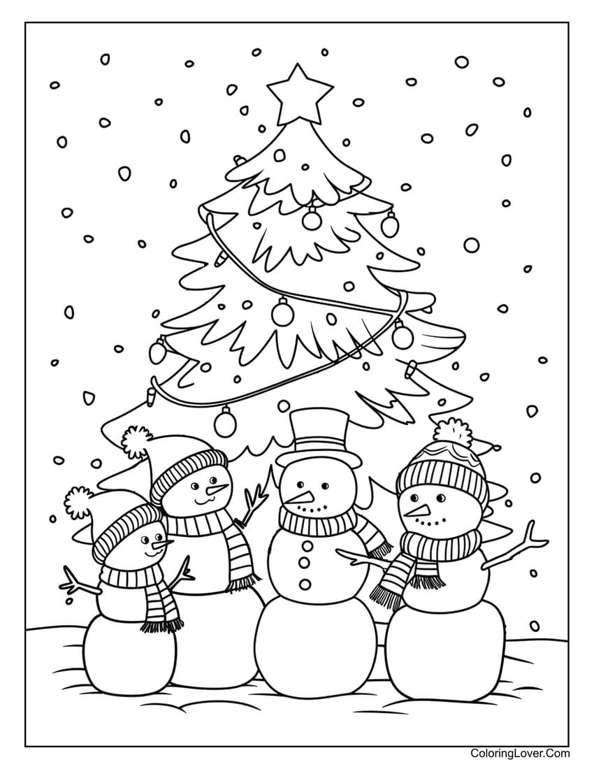 Snowmen family with Christmas tree coloring page