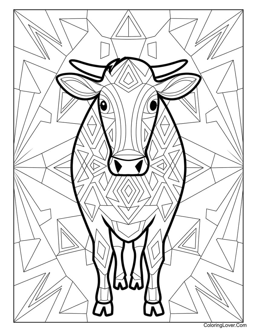 Abstract cow in geometric patterns coloring sheet