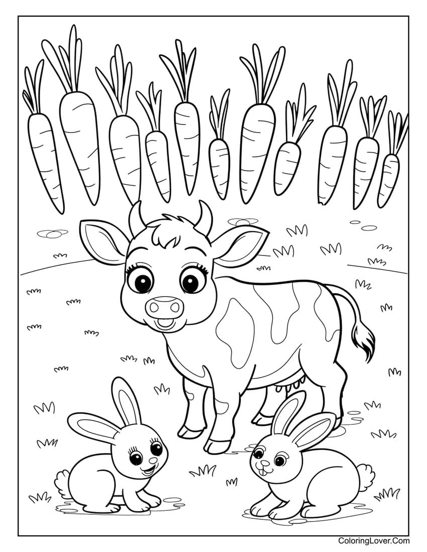 Baby cow and bunnies with carrots coloring sheet