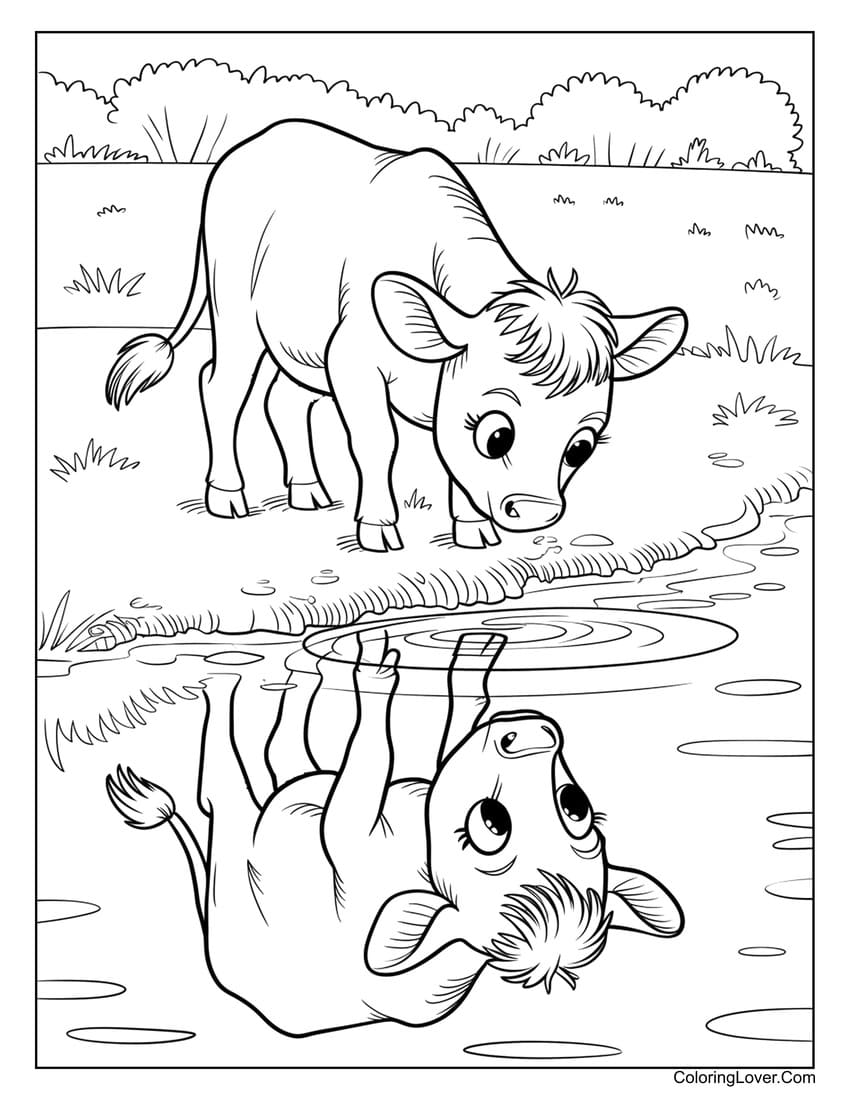 Baby cow looking at reflection coloring page