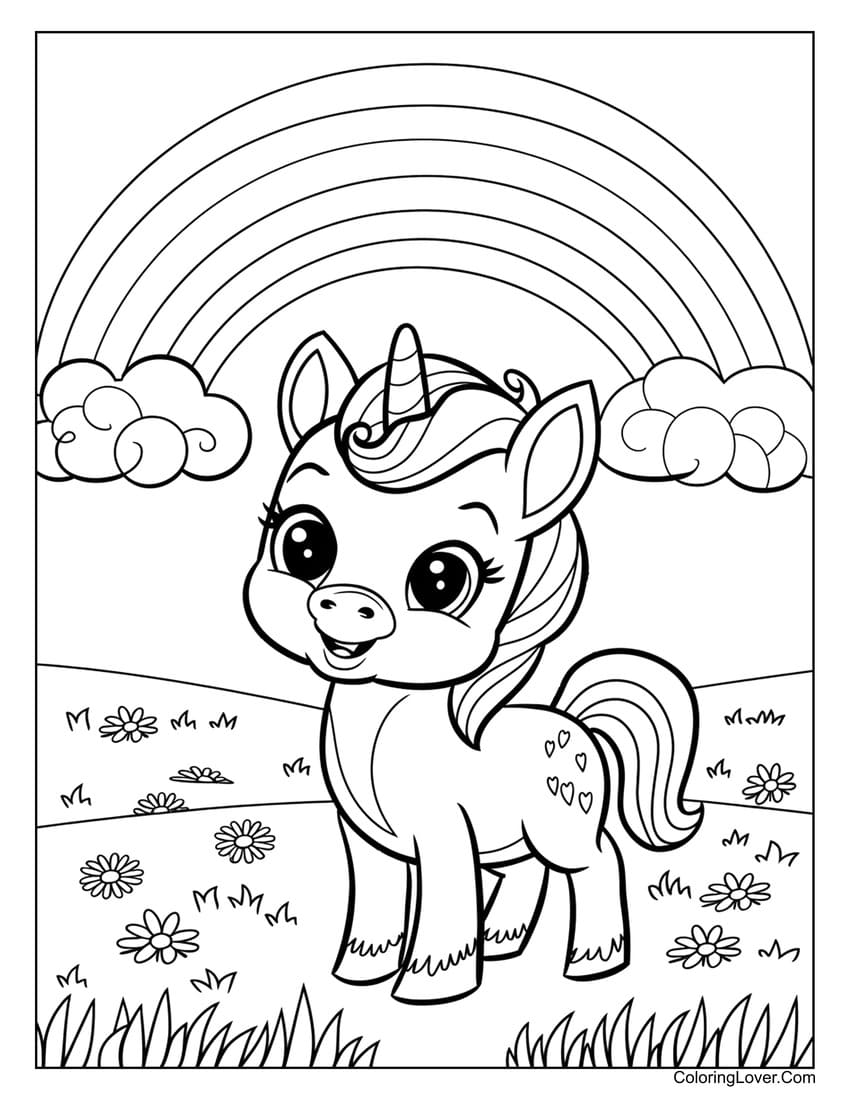 Baby unicorn under rainbow coloring page