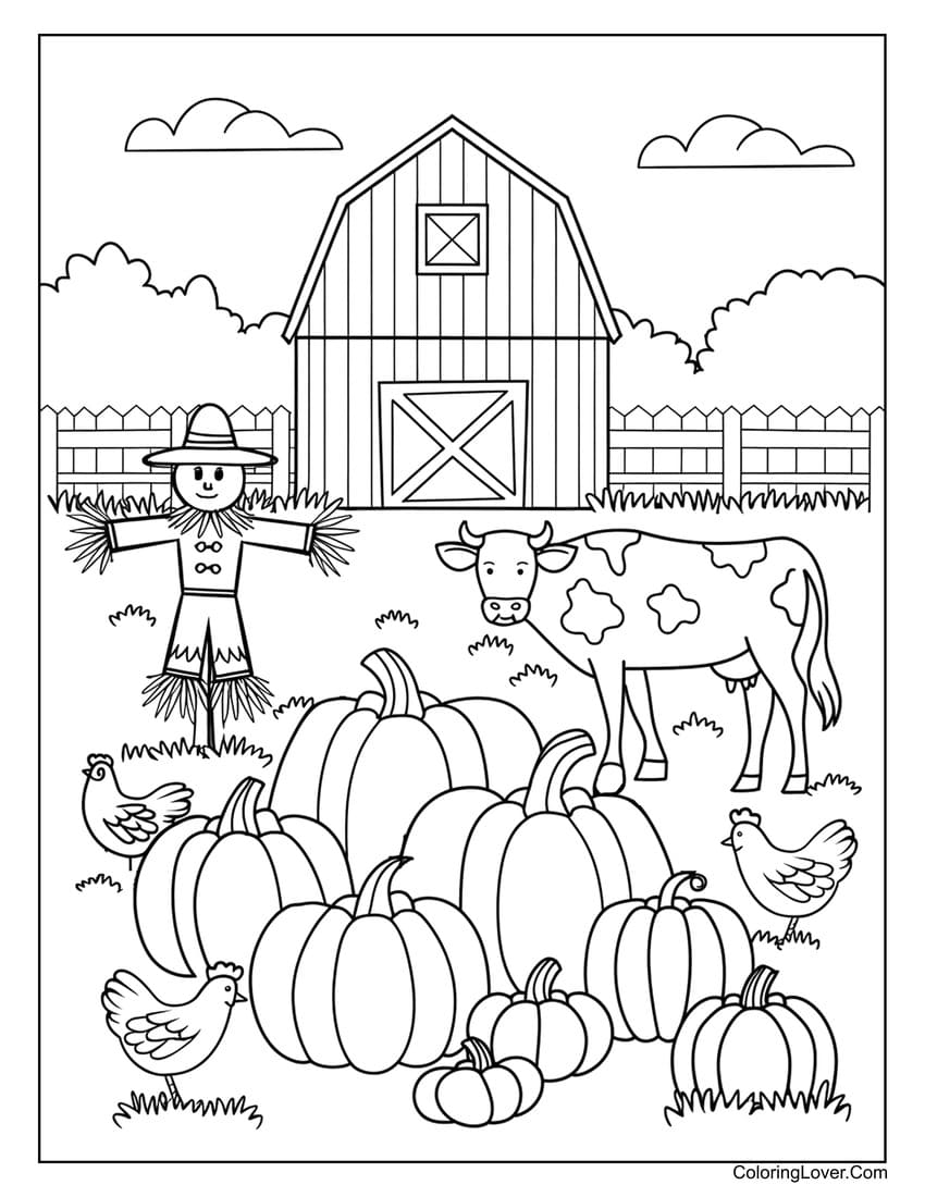 Barnyard scene with pumpkins, scarecrow, and animals coloring page