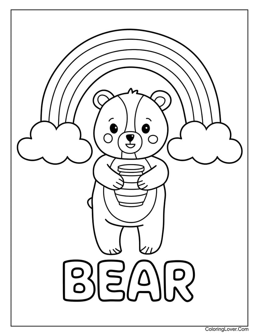 bear holding honey under rainbow coloring page