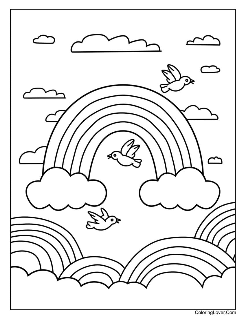 birds flying over rainbow coloring page for preschool
