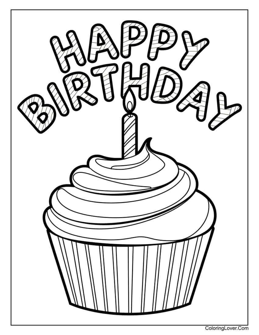 Birthday cupcake coloring page with candle