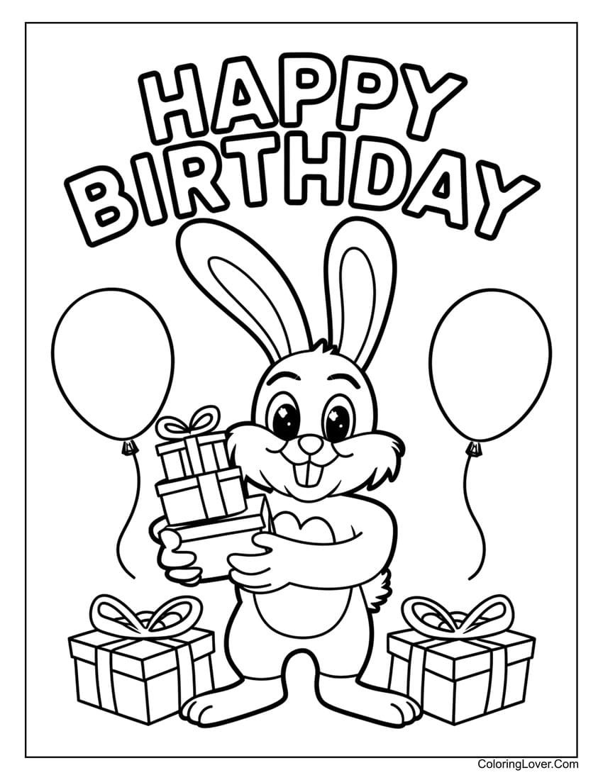 Bunny holding presents happy birthday coloring page