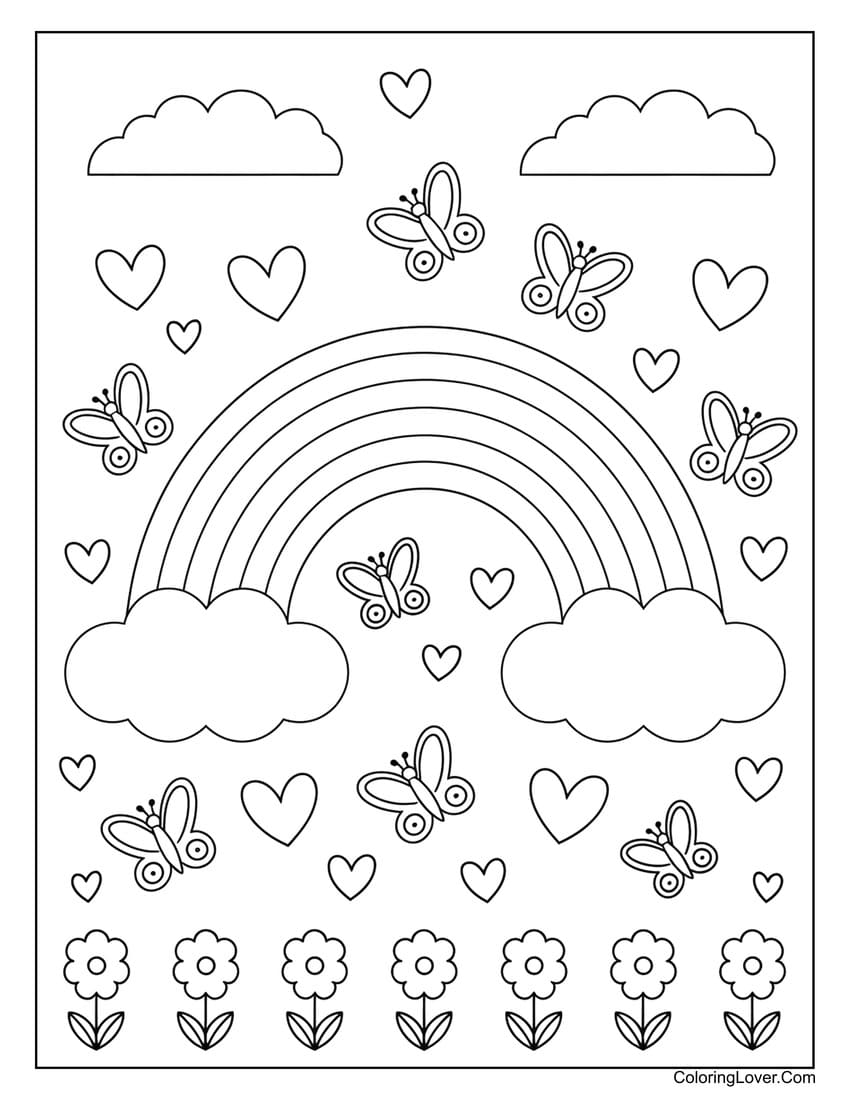 Butterflies and rainbow coloring sheet for girls