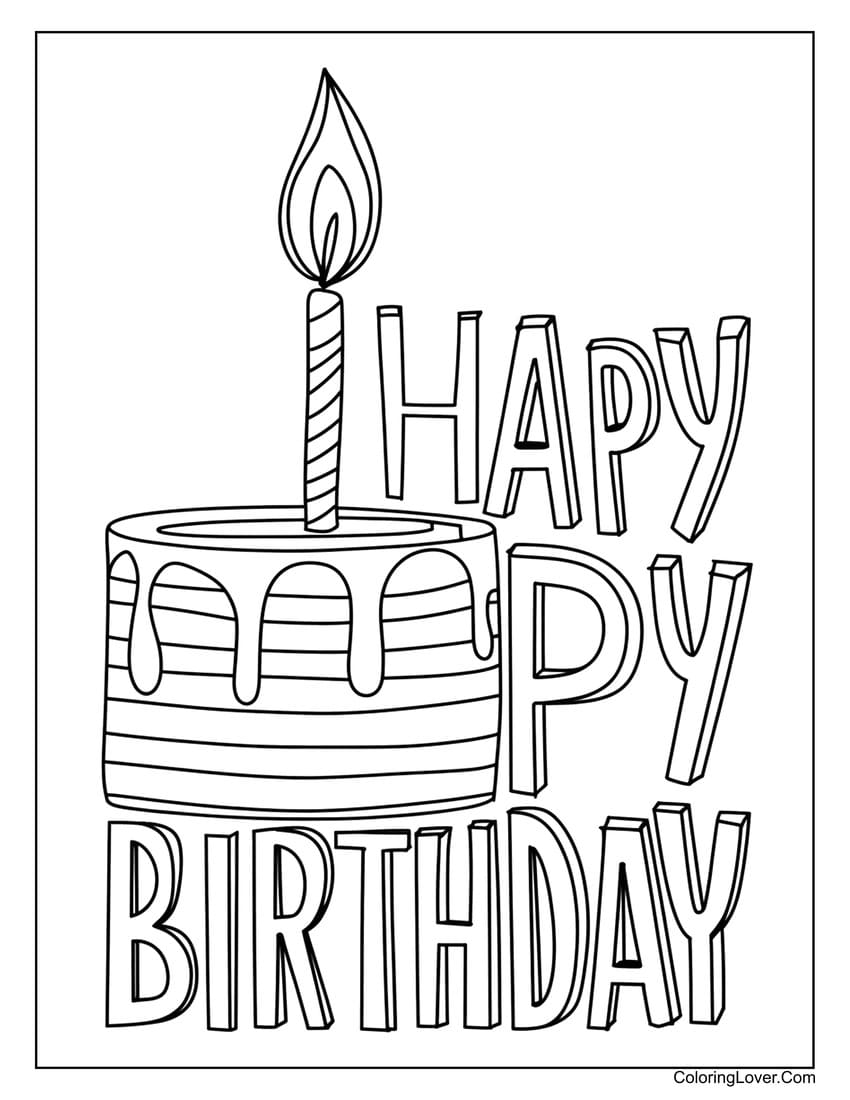 Cake with candle happy birthday coloring page