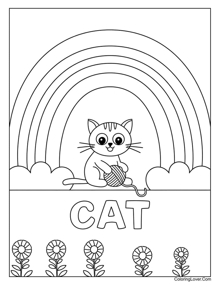 cat with rainbow coloring page for kids