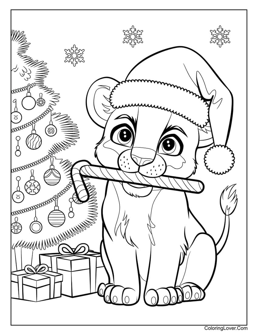 Christmas lion cub with Santa hat coloring page