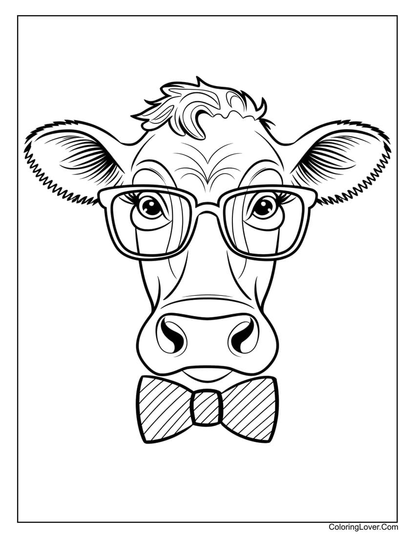 Cool cow wearing glasses and a bow tie coloring page