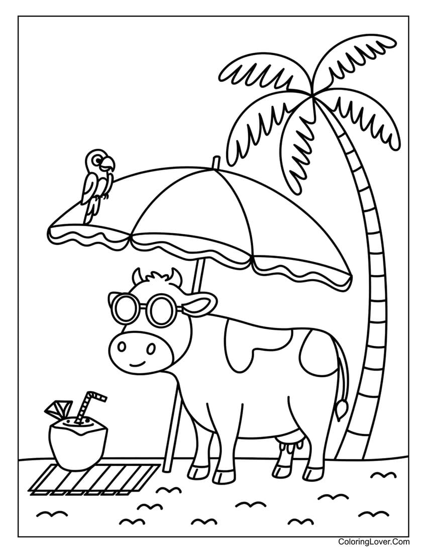 Cow relaxing at the beach with a drink coloring page