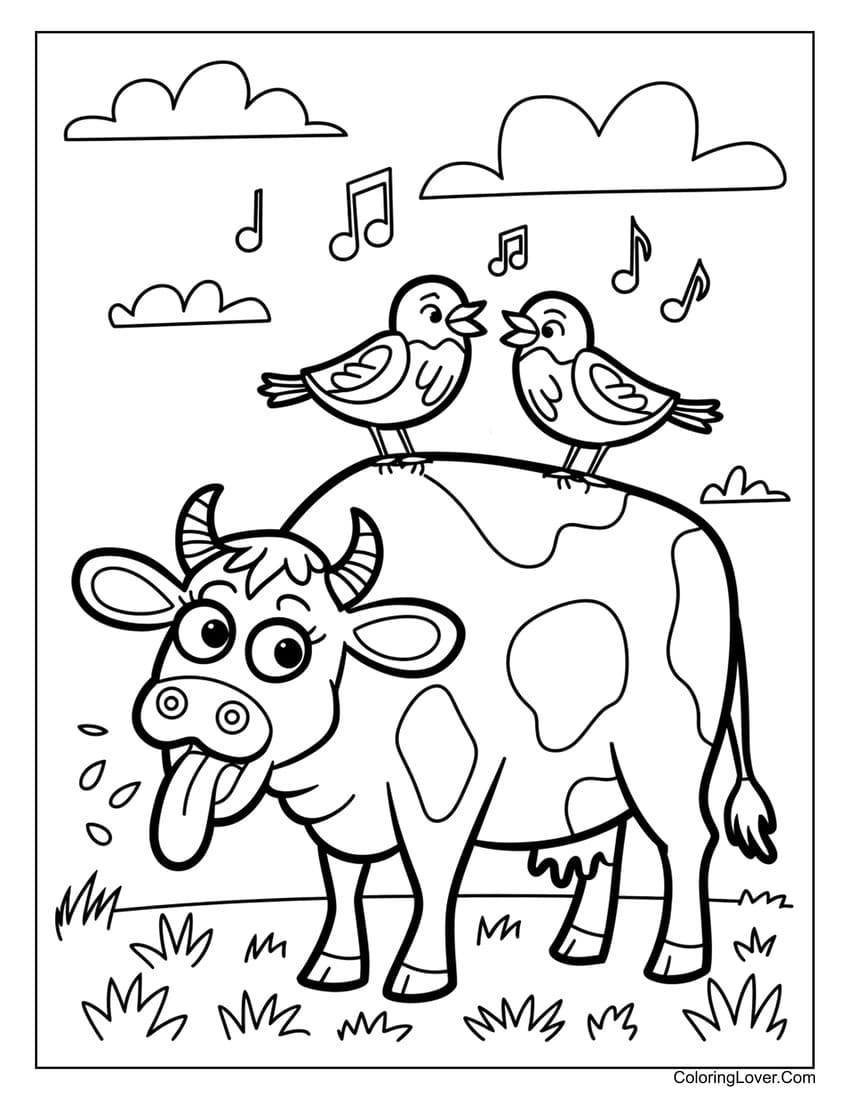 Cow with birds singing on its back coloring sheet