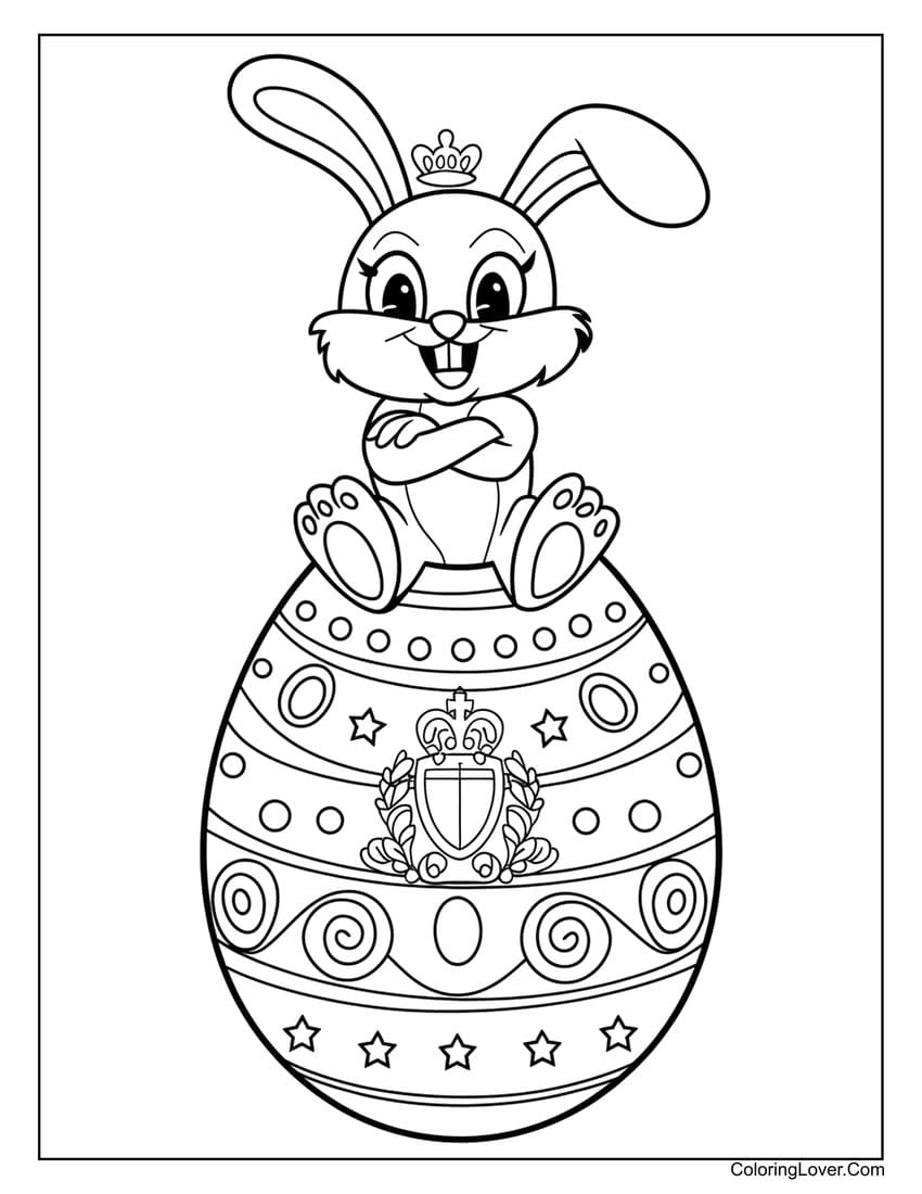 Crowned Easter bunny sitting on decorated egg coloring page
