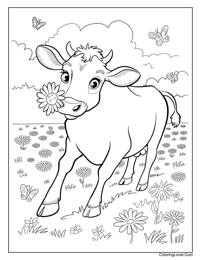 Cute cow with flower in field coloring page