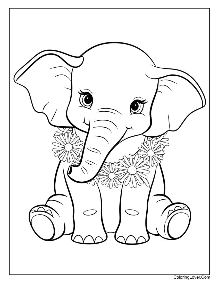 Cute elephant with flower necklace coloring page