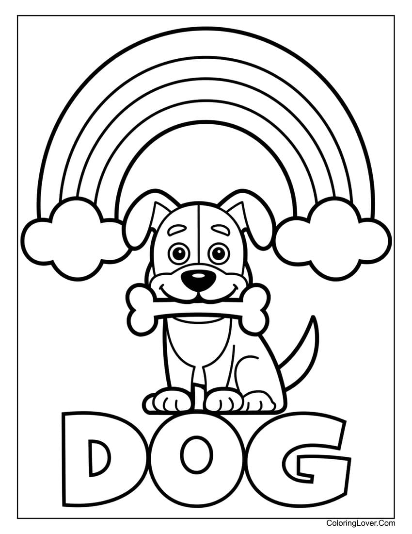 Dog with bone under rainbow coloring sheet