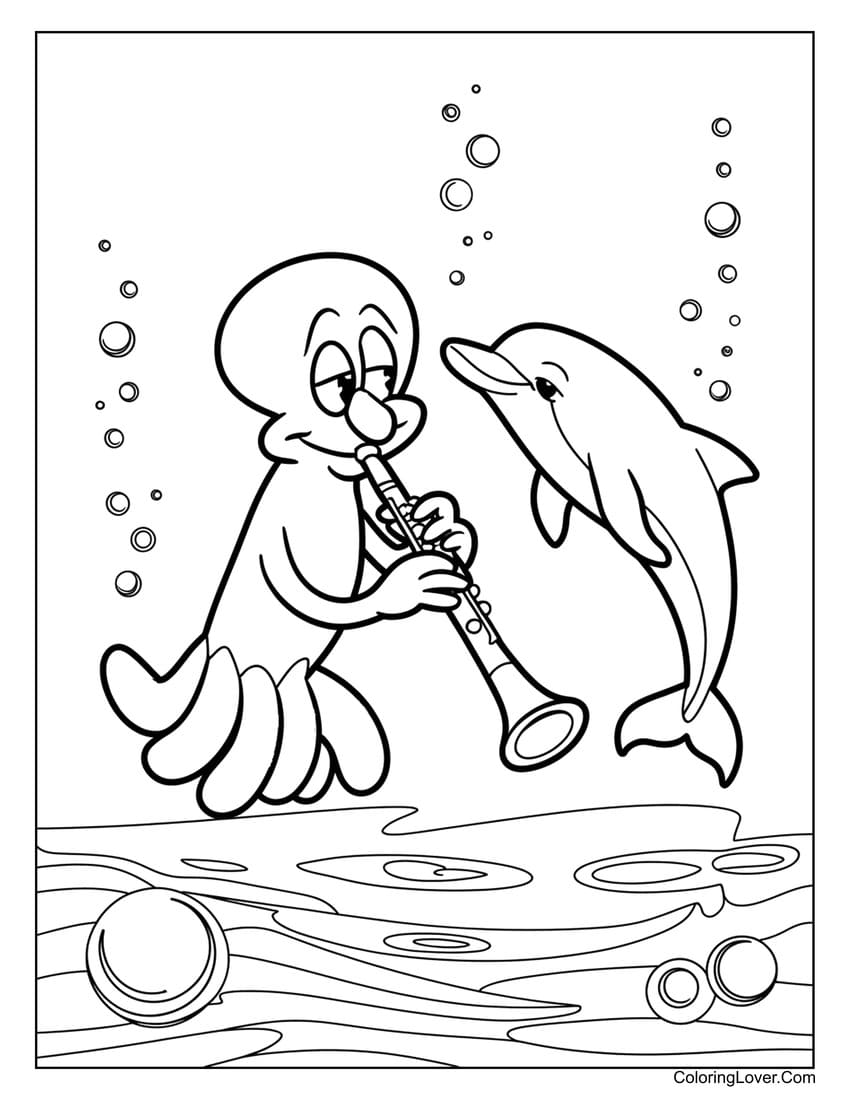 Dolphin and Squidward playing music underwater coloring page