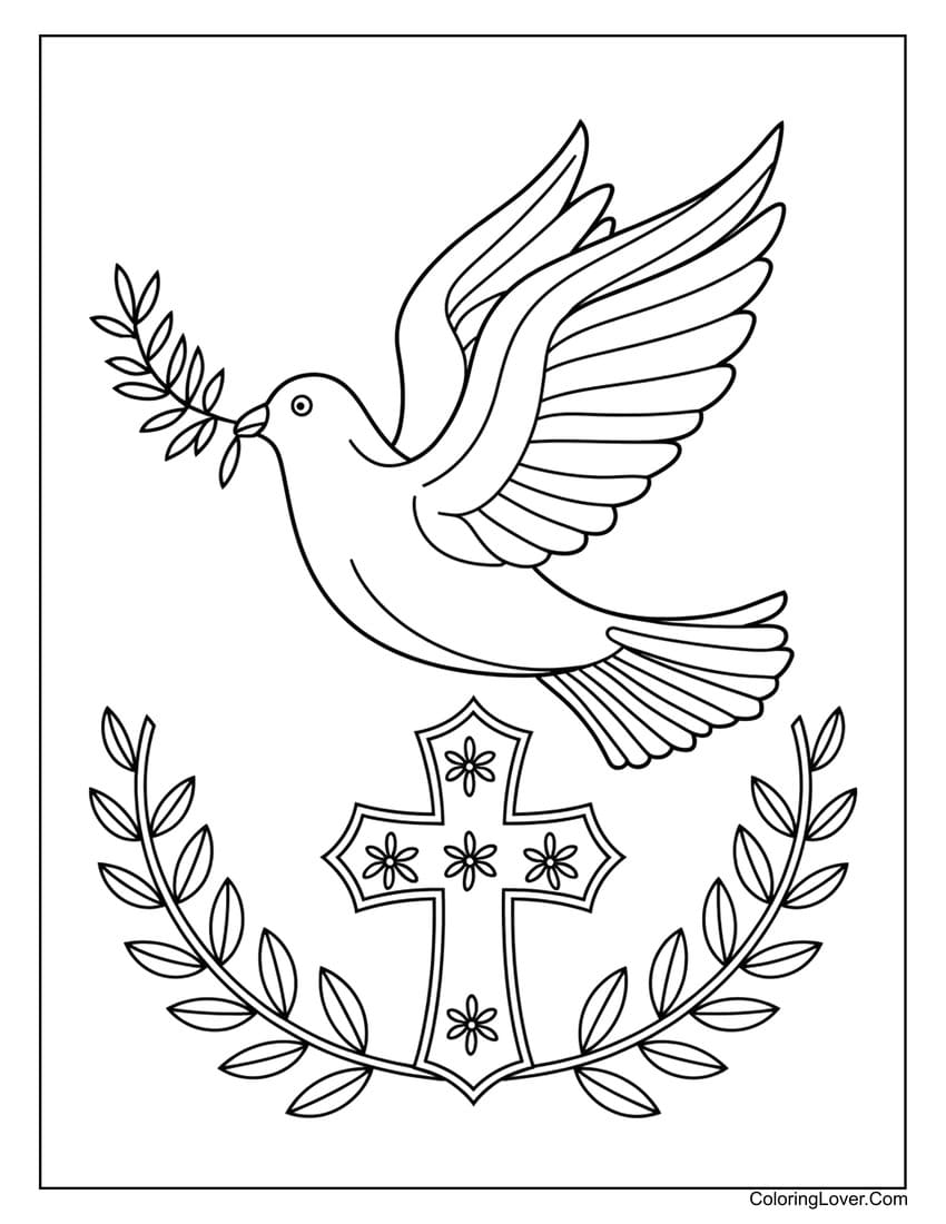 Dove with olive branch and cross Easter coloring page
