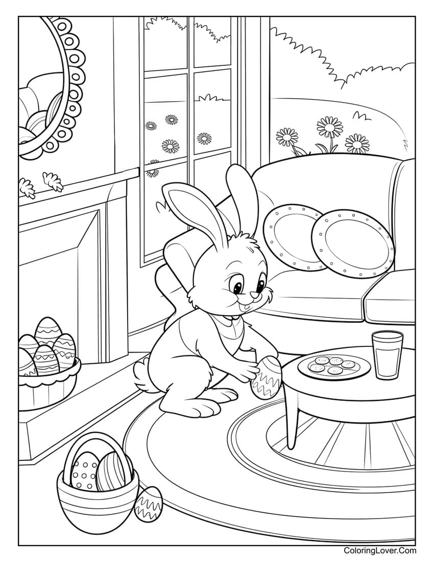 Easter bunny decorating eggs in a cozy room coloring page
