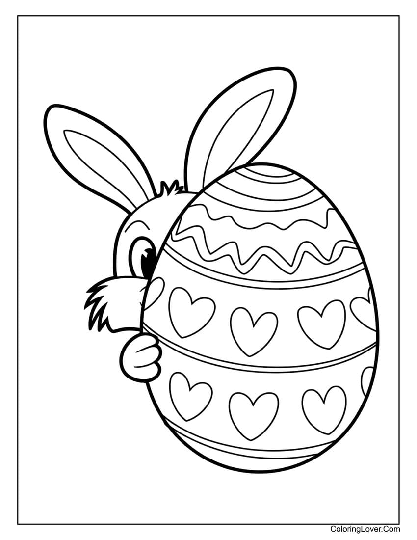 Easter bunny hiding behind decorated egg coloring page
