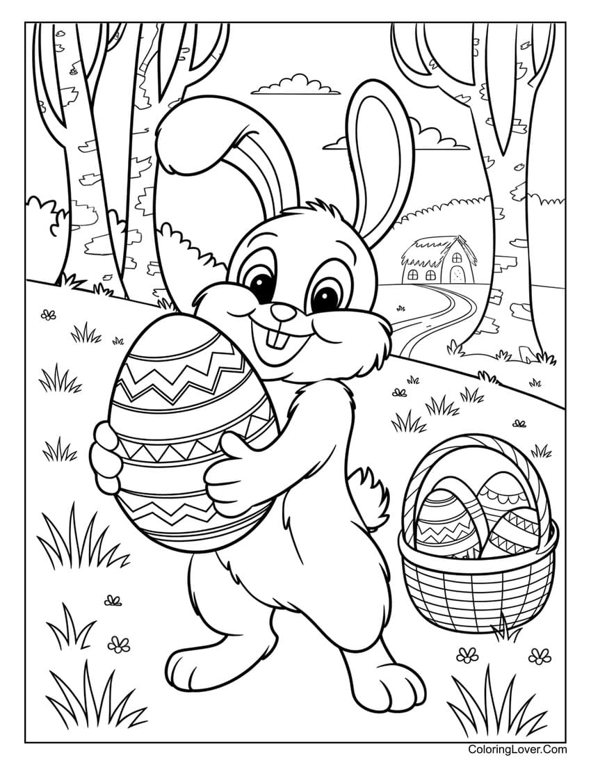 Easter bunny holding a giant egg with basket coloring page
