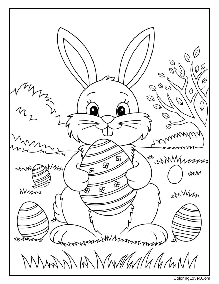 Easter bunny holding decorated egg in a field coloring page
