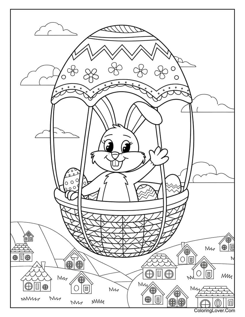 Easter bunny in egg-shaped hot air balloon coloring page
