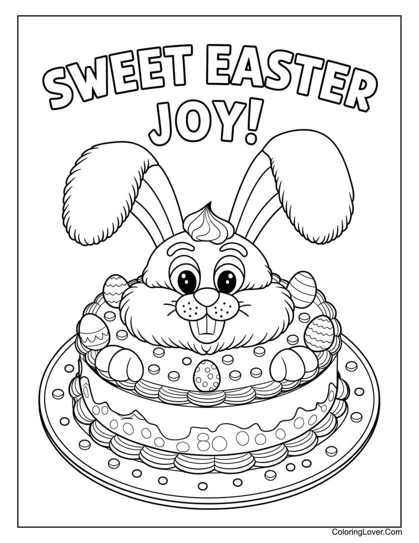 Easter bunny on cake coloring page with eggs
