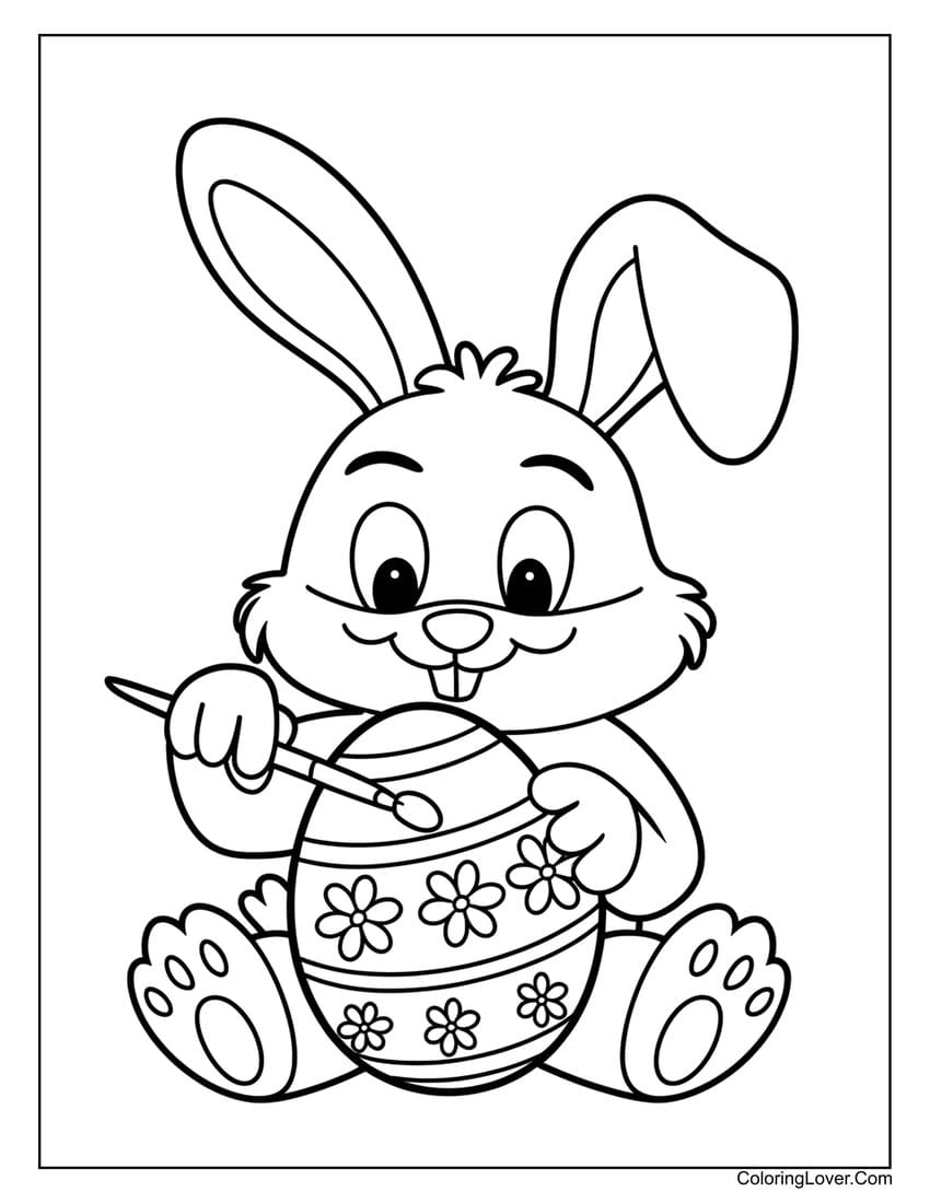 Easter bunny painting a flower-decorated egg coloring page
