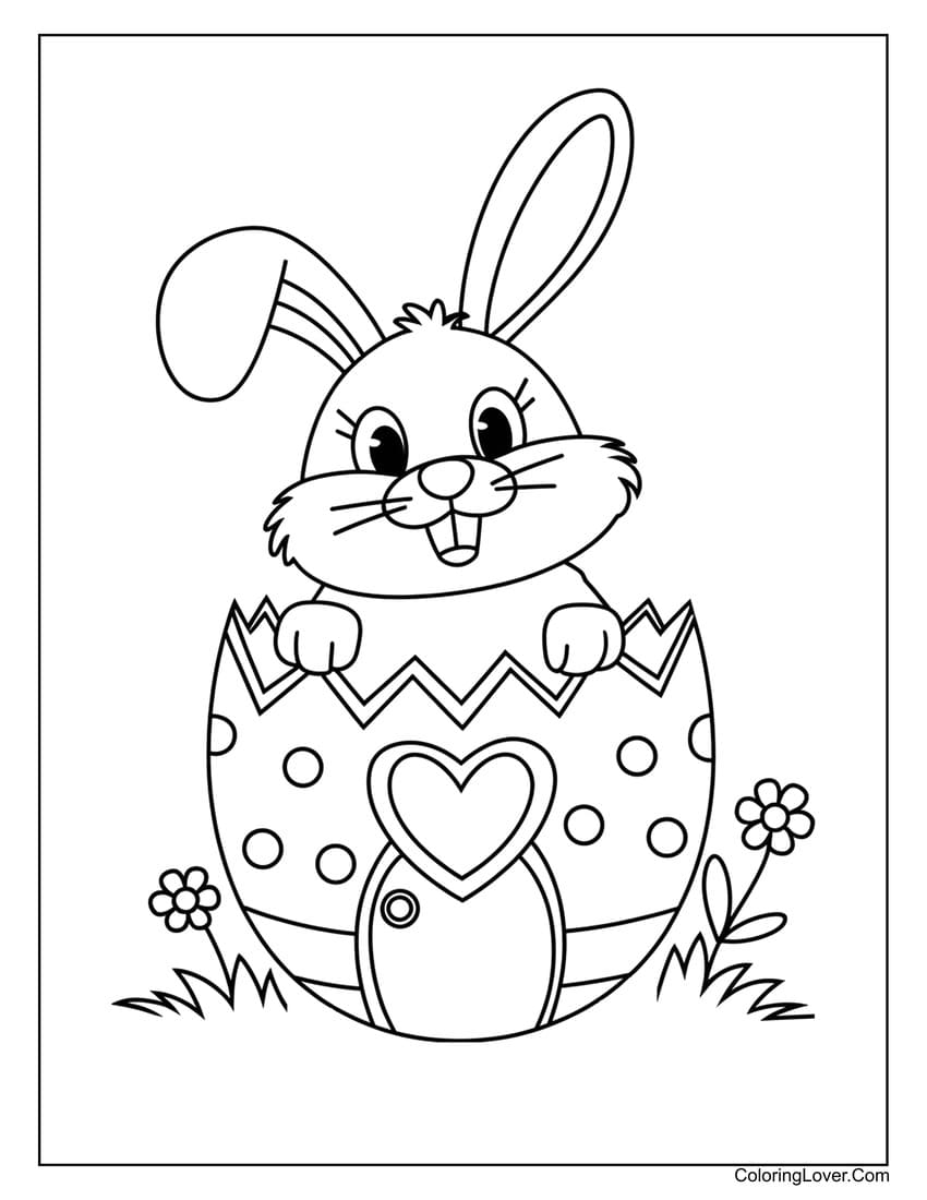 Easter bunny popping out of an egg coloring page for kids
