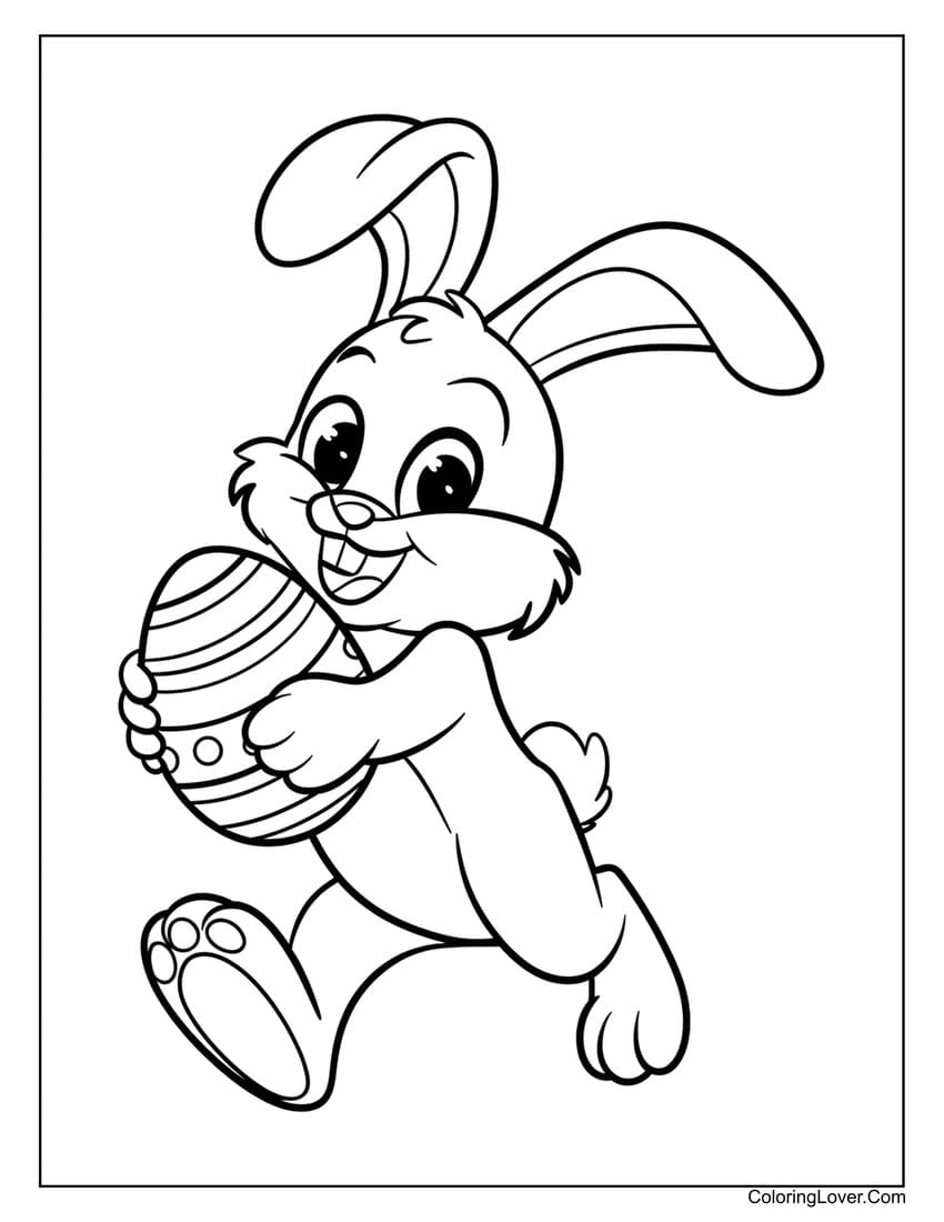 Easter bunny running with an egg coloring page for kids
