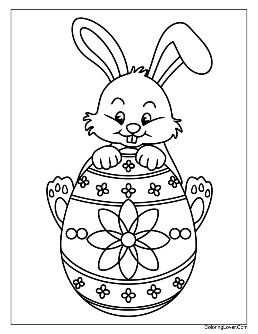 Easter bunny sitting on decorated egg coloring page
