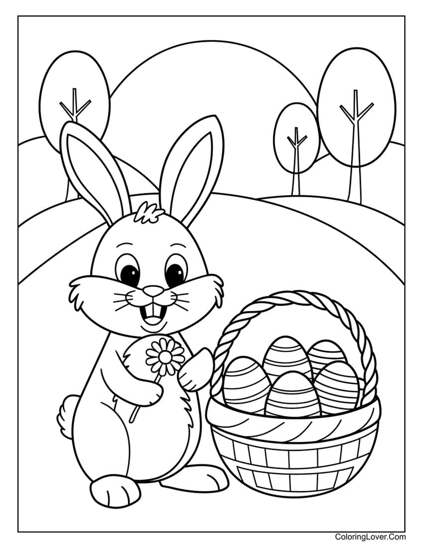 Easter bunny with flower and basket of eggs coloring page
