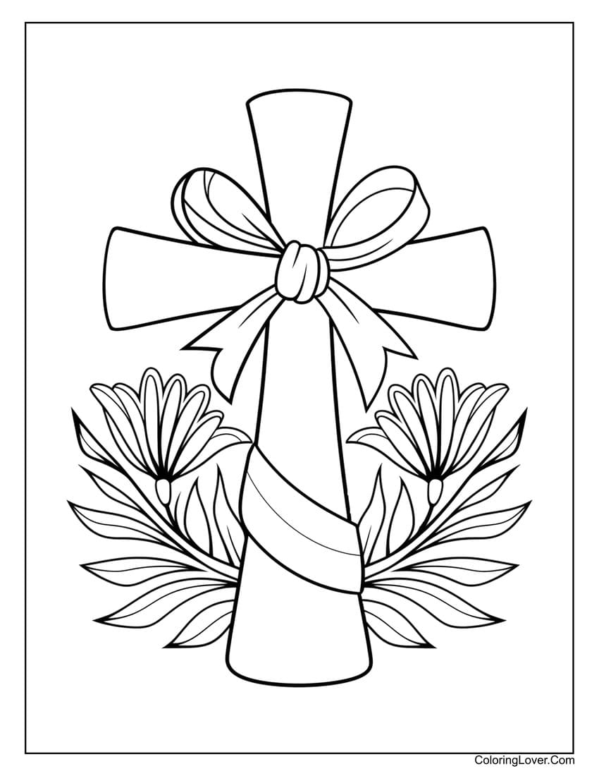 Easter cross with bow and flowers coloring page
