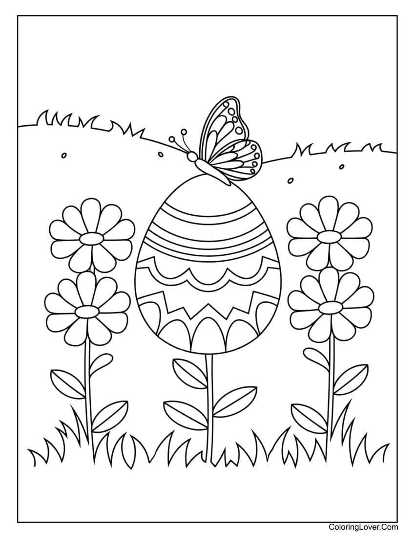 Easter egg with butterfly and flowers coloring page
