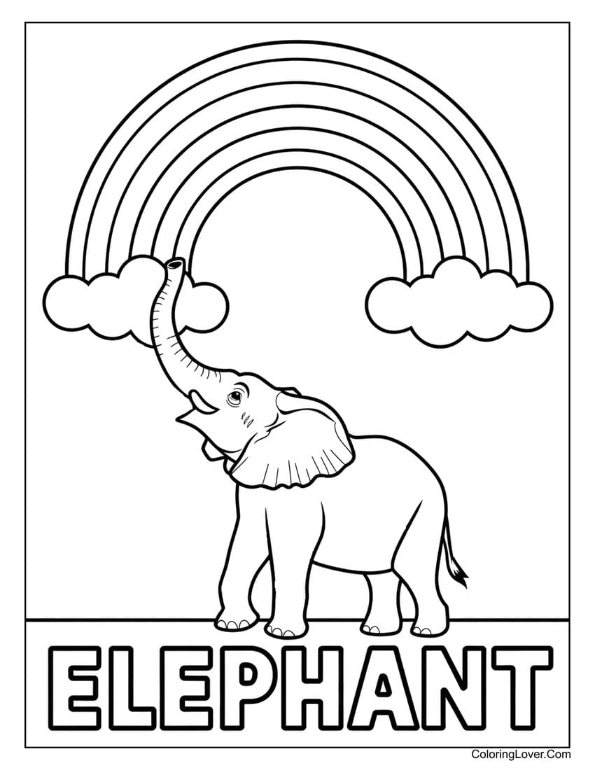 elephant with rainbow coloring page for kids