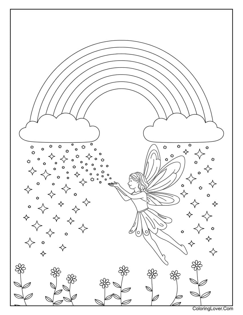 fairy blowing stars and rainbow coloring sheet for girls