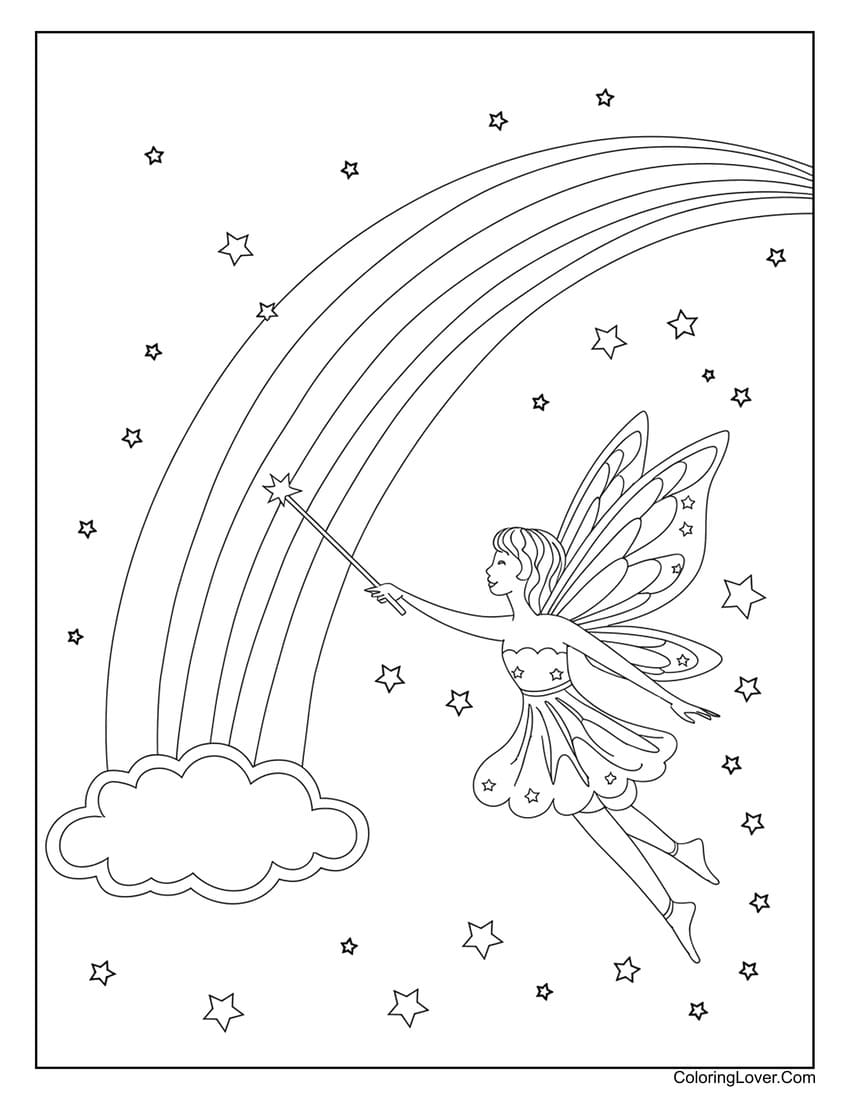 fairy casting spell on rainbow coloring page for girls