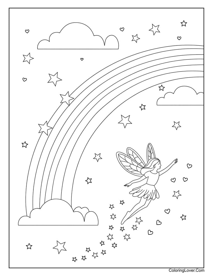 fairy flying near rainbow coloring page for girls