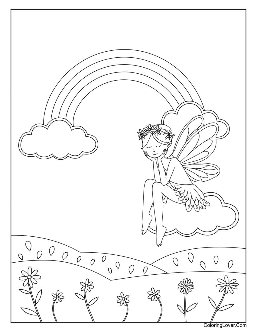 fairy sitting on cloud with rainbow coloring page