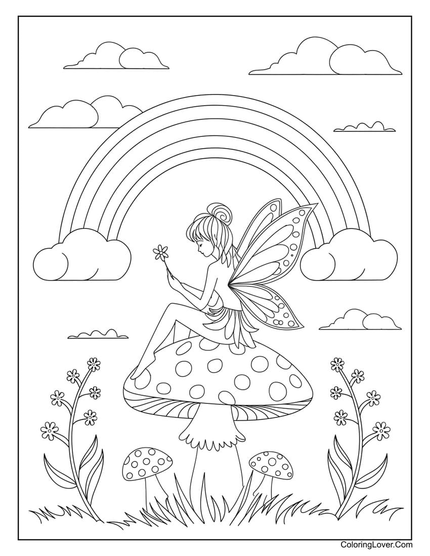 fairy sitting on mushroom with rainbow coloring sheet